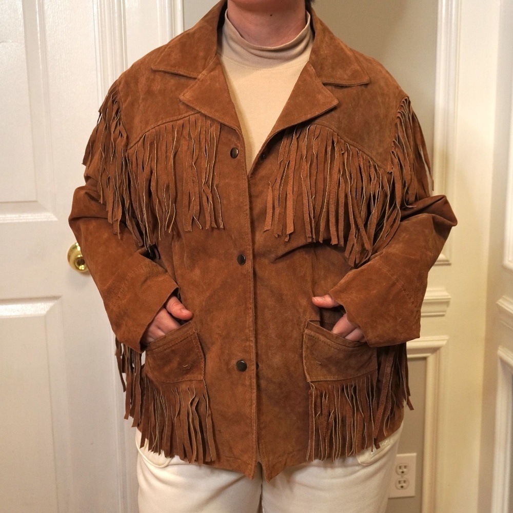 Vintage Midnight Velvet Suede 100% Leather Fringe Jacket, Size XL
